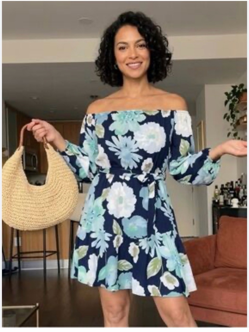 Loft blue floral off shoulder dress